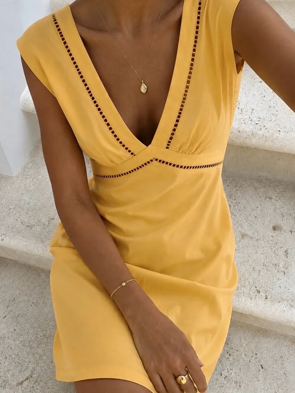 Commense Yellow Mini Dress with Deep V-Neck